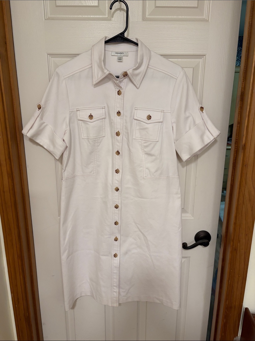 White Button-Front cotton blend Utility Shirt Dress